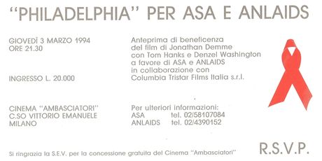 Anlaids+ASA: invito all’anteprima del film «Philadelphia», 1994